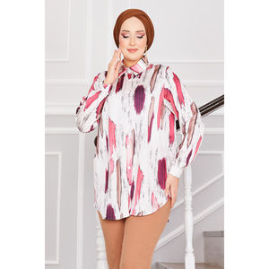 Túnica Estampada de Satén Borgoña para Mujer, Talla XL, Material de Lino y Viscosa, Estilo Casual, Top Corto, Estampado Tejido para Primavera Verano - Product Image 2