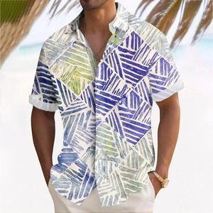 Camiseta de poliéster/algodón con estampado floral 3D azul unisex, camisa transpirable ligera de manga corta informal de secado rápido con botones en la parte delantera - Product Image 6