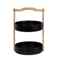 Plateau de service moderne chic fait main à deux niveaux en acier noir avec support en bois élégant pour organiser les collations et sublimer la décoration intérieure