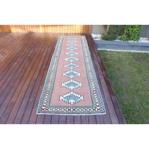 Turkish Vintage <b>Runner</b> Rug 2.9x10.2 ft, <b>Red</b> Blue Check Wool Rug - Product Image 1