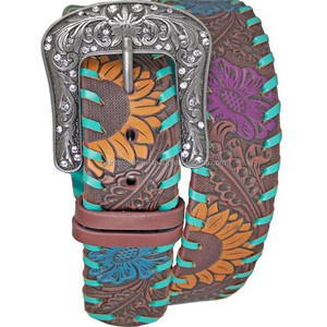 Cinturón de herramientas de cuero occidental con patrón floral multicolor personalizado para unisex con hebilla floral antigua de diseñador - Product Image 6