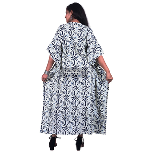 Maxi vestido de caftán de algodón estampado bloque hecho a mano para mujer tamaño libre transpirable verano Casual ropa de playa encaje adultos Natural - Product Image 3