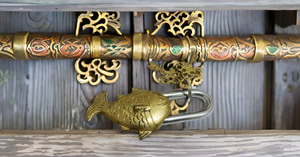 Beautiful Mini Brass Fish Monastery Lock Durable and Waterproof with Two Keys Natural Patina Ornate Design - Product Image 3