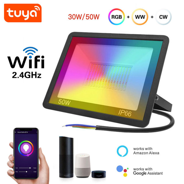 Tuya Smart WiFi IP66 Outdoor Music 50W RGBCW LED Floodlight Work with Alexa Google Home Color Changing Wall Light PST-FL-50W