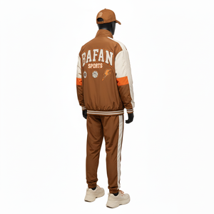 Ensemble veste et pantalon coupe-vent pour homme, tissu polyester léger, brun, panneaux crème, logo transfert thermique, taille plus, ensemble coupe-vent - Product Image 5