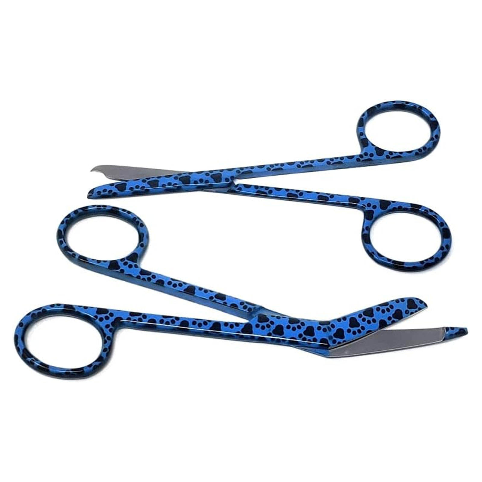 ผ้าพันแผลพิมพ์ลายอุ้งเท้าสีน้ำเงินและกรรไกรเย็บ