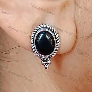 925 Sterling Silver Black Onyx <b>Earrings</b> July Birthstone Jewelry Natural Black Onyx Oval Stud <b>Posts</b> Gold Handmade Unique Gemstone - Product Image 2