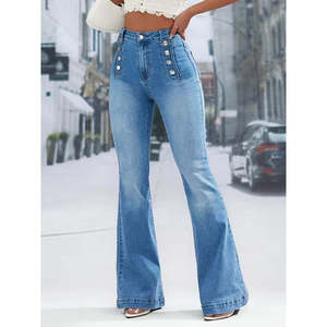 Jean taille haute à jambes larges pour femme avec détail boutonné sur le devant, 37733 - Bleu - Product Image 2