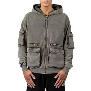 Sweats à capuche épais en coton avec logo personnalisé Sweats à capuche surdimensionnés avec poches 3D pour hommes Cargo Track Sweats à capuche zippés Vintage Stone Washed - Product Image 1