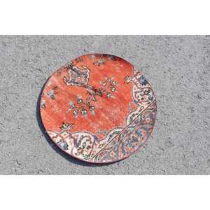 พรมตุรกีวินเทจขนาดเล็ก 2.9x2.9 ฟุต พรมขนสัตว์สีแดงลายนามธรรม - Product Image 4