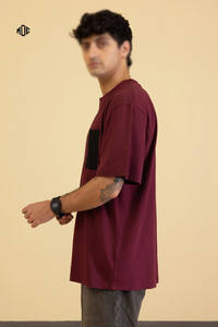 Custom Logo <b>Men's</b> Burgundy Heavy Cotton Crew Neck T <b>Shirt</b> Loose Fit Short Sleeve Relaxed Cut Streetwear with Contrast Pocket - Product Image 3