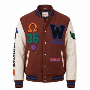 Blouson universitaire en chenille avec patchs, en laine acajou et manches en cuir crème, symbole OM, blouson Letterman « Dream Big », OEM - Product Image 1