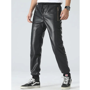 <b>Men's</b> Leather <b>Trousers</b> <b>Elastic</b> Waistband Zipper Pockets Comfortable Trendy Design-Anti-Wrinkle Plain Dyed Mid-Waist <b>Man</b> <b>Trouser</b> - Product Image 1