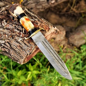 มีดโบวี่เหล็กดามัสกัสแฮนด์เมดคุณภาพสูงด้ามจับฮอร์นแบบคลาสสิกล่าสัตว์กลางแจ้งออกแบบได้ตามต้องการ - Product Image 4