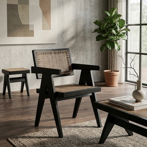 Black Solid Wood Woven Rattan <b>Armchair</b> V Leg Chandigarh Style Accent <b>Dining</b> Chair Outdoor Patio Setup Art Design Decor - Product Image 4