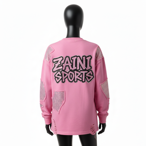 Camiseta de Manga Larga de Algodón Premium con Diseño de Paneles Rosa Suave, Transferencia de Calor con Pedrería, Logotipo Personalizado - Product Image 2