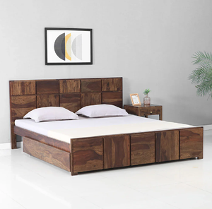 Lit en bois d'ingénierie, finition bicolore (brun foncé et bois naturel), style moderne minimaliste, tête de lit basse, tiroirs de rangement. - Product Image 4