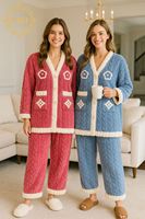 Nouvel ensemble de nuit vintage pour femme, col licou, manches longues, anti-plis, coupe droite, en velours côtelé uni et polaire, avec haut en laine