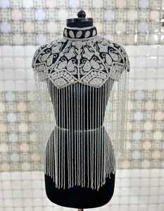 Luxurious Hand <b>Bead</b> Embroidered Evening Party Dress <b>Fringed</b> Cape with Heavy Shining Worn Club Perfect Design Made Chiffon Fabric - Product Image 6