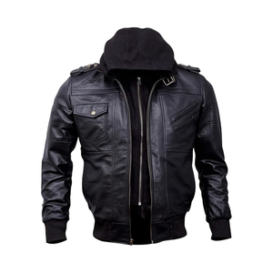 Chaqueta Bomber de Cuero Genuino Negro para Hombre con Cuero de Cordero Encerado Marrón, Tejido Transpirable, Estilo Vintage - Product Image 1