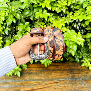 Ceinture en cuir véritable artisanale de qualité supérieure, durable, style western, avec boucle ardillon en alliage, motif paisley, largeur 40 mm, personnalisable - Product Image 6