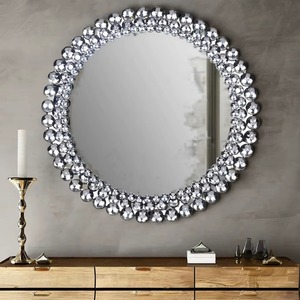 Miroir mural rond en métal moderne avec des perles de cristal pour la décoration de la maison, mariage et Bar Mitzvah - Product Image 1