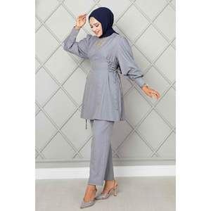 2 Piece Gray <b>Linen</b> Hijab <b>Set</b> for Women Side Tied Accessory - Product Image 4
