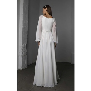 <b>Simple</b> White Chiffon Maxi <b>Wedding</b> <b>Dress</b> with <b>Long</b> Puff <b>Sleeves</b> - Product Image 3