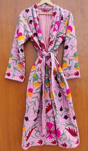 Kimono de Algodón Bordado con Flores Rosas, Talla Grande, Estilo Bohemio, Largo hasta el Suelo, Cuello en V, Manga Larga, Corte Holgado, Bordado a Mano para Mujer - Product Image 2