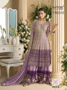 Designer exquis véritable Georgette Palazzo costume complet cousu taille libre Salwar Kameez avec travail de broderie lourd pour les fêtes - Product Image 2
