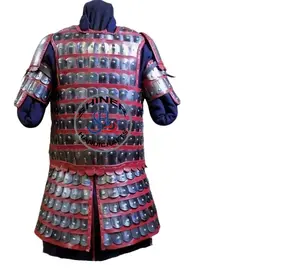 Medieval Japanese Samurai Red Leather Warrior Jacket Armor Historical for Armor Body Costume Silver Polish
