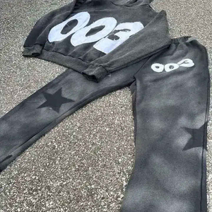 Sweat à capuche avec lettres brodées de détresse et fermeture éclair pour hommes, pantalons de survêtement OEM en éponge française - Product Image 3