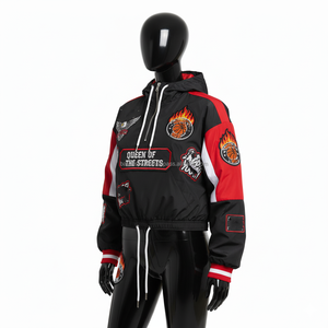 Veste coupe-vent GSM Premium pour femmes Conception de panneau noir rouge blanc avec patchs brodés personnalisés Veste coupe-vent pour femmes - Product Image 4