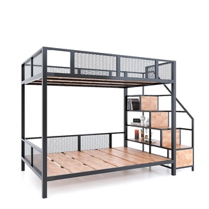 Industrial-Style Rubber <b>Wood</b> <b>Bunk</b> <b>Bed</b> with Iron Frame & Decorative Shelves - Product Image 6