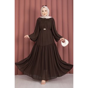 Vestido de Gasa Marrón con Corte en A, Cinturón con Detalle Fruncido, Cintura Imperio, Estilo Modesto, Tela Transpirable - Product Image 1