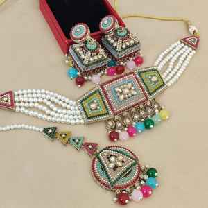 Conjunto de joyería nupcial tradicional india, collar de Gargantilla, pendientes Jhumki y Maang Tikka, boda étnica y ropa festiva para mujer - Product Image 1