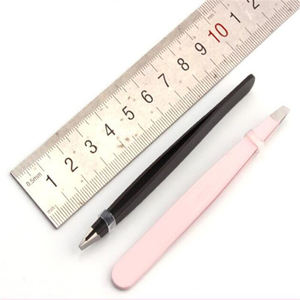 Lot de 2 pinces à sourcils en acier inoxydable, 9.6cm, pointe inclinée, pointe plate, rose, rouge, noir, pour l'épilation. - Product Image 3