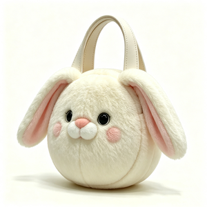 customized Round cream bunny plush handbag,Plush bunny pearl handle handbag,<b>Cute</b> white rabbit plush <b>purse</b> with pearl strap - Product Image 2