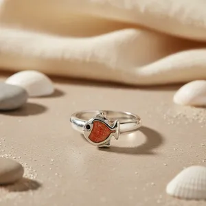 "<b>Turquoise</b> Gemstone <b>Ring</b> for Women with Rhodium Plating & Cut Coral Stone" - Product Image 2