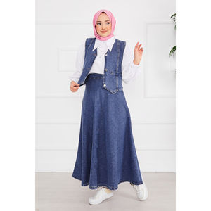 Conjunto de mezclilla azul modesto: Top corto, chaleco y falda, estilo casual vintage de verano con encaje y botones decorativos, corte ajustado con cinturón. - Product Image 4