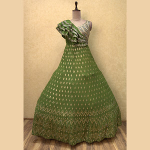 Superbe robe en georgette anarkali verte Mehendi avec broderie à la main épaisse vêtements ethniques gracieux pour toutes les occasions - Product Image 1