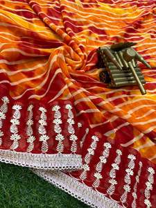 Nuevo 2023 Festival Wear Top Quality Georgette Leheriya Impreso con bordado Trabajo Saree Blusa Compras en línea India - Product Image 4