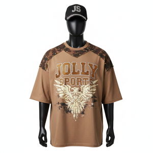 T-shirt ample pour homme, surdimensionné, en jersey de coton lourd 200 GSM, coupe décontractée, camouflage marron, panneau d'épaule, logo imprimé en strass - Product Image 1