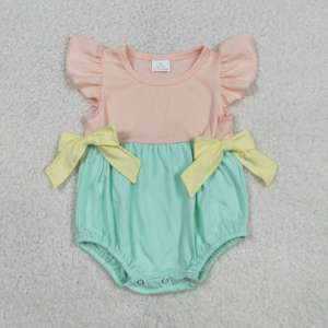 Baby Girls Color Block <b>Bubble</b> Romper Flutter Sleeve Peach <b>Top</b> Mint Bottom Yellow Bow Side Snap Crotch Infant Summer Soft Onesie - Product Image 1