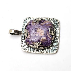 925 Sterling Silver Charoite 21x21mm Cushion Gemstone Designer Pendant 14.88 Gms Antique Look Unisex Pendant <b>Christmas</b> Gift - Product Image 4