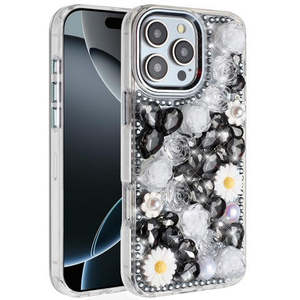 เคส iPhone 17 2025 แบบเต็มตัวประดับกลิตเตอร์เพชรลายดอกไม้ สีดำ - Product Image 1