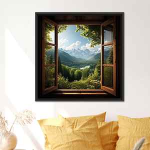 Impresión de paisaje con ventana rústica: lienzo decorativo de pared de vidrio templado, lienzo con marco negro - Product Image 1