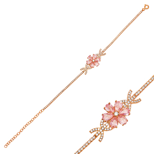 Diseño de flor de pera delicada piedra de circón cúbico de cuarzo rosa 925 pulsera de plata turca joyería - Product Image 2