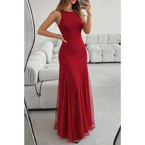 Robe longue sans manches à col rond pour femme, en tissu naturel uni, coupe trompette avec ourlet évasé asymétrique et détail en tulle 33175 - Product Image 1