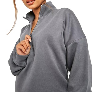 Fabricante de lana de algodón de peso pesado media cremallera en blanco mujeres sudaderas de gran tamaño sólido Stand Collar mujeres cremallera sudaderas - Product Image 5